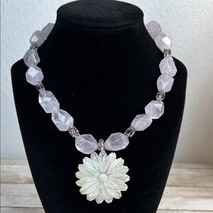 Elegant Lavender Quartz Necklace with MOP Floral Pendant